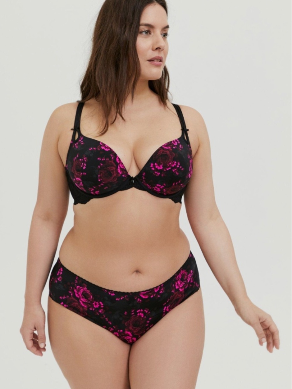 Torrid Black & Hot Pink Skull Floral Microfiber Push-Up Plunge Bra